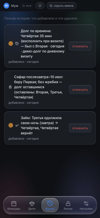 Экран приложения: журнал операций с сафаром и займом ночи